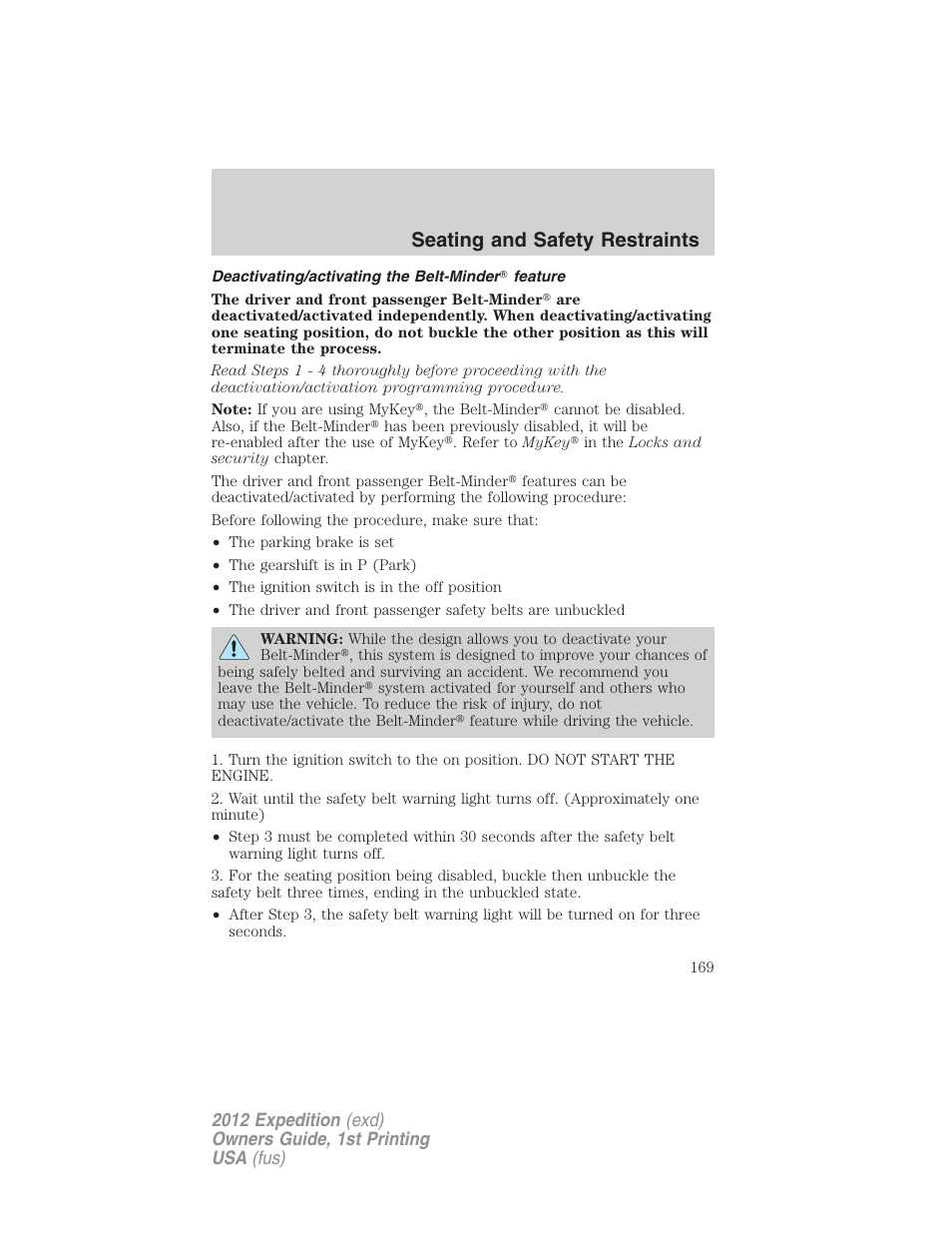 Deactivating/activating the belt-minder? feature, Seating and safety restraints | FORD 2012 Expedition v.1 User Manual | Page 169 / 400