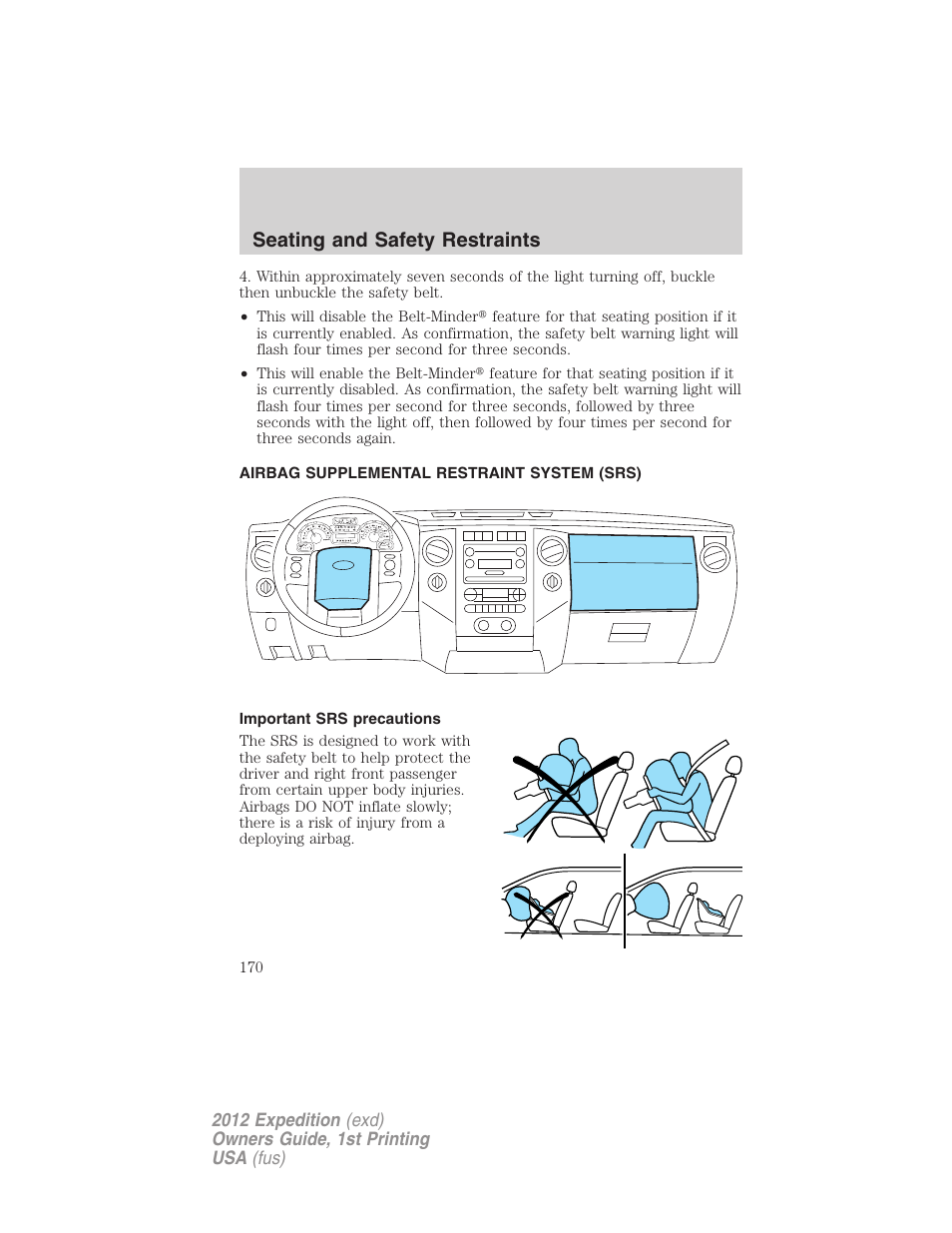 Airbag supplemental restraint system (srs), Important srs precautions, Airbags | Seating and safety restraints | FORD 2012 Expedition v.1 User Manual | Page 170 / 400