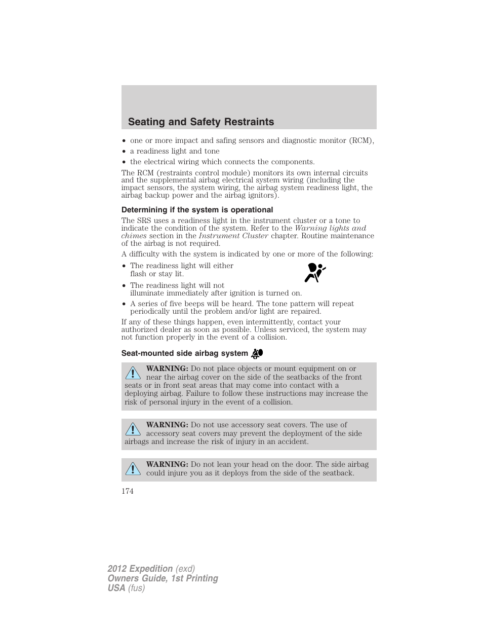 Determining if the system is operational, Seat-mounted side airbag system, Seating and safety restraints | FORD 2012 Expedition v.1 User Manual | Page 174 / 400