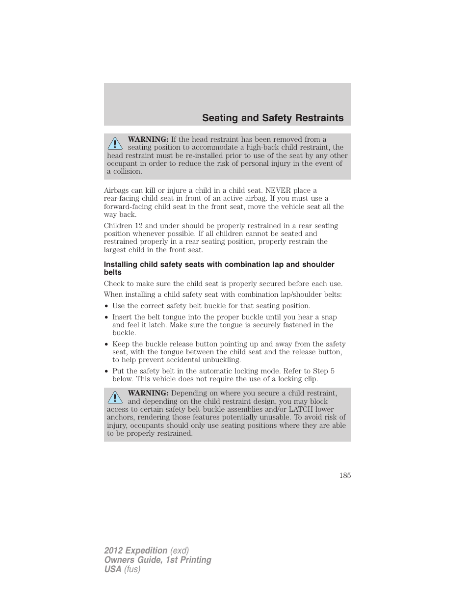 Seating and safety restraints | FORD 2012 Expedition v.1 User Manual | Page 185 / 400