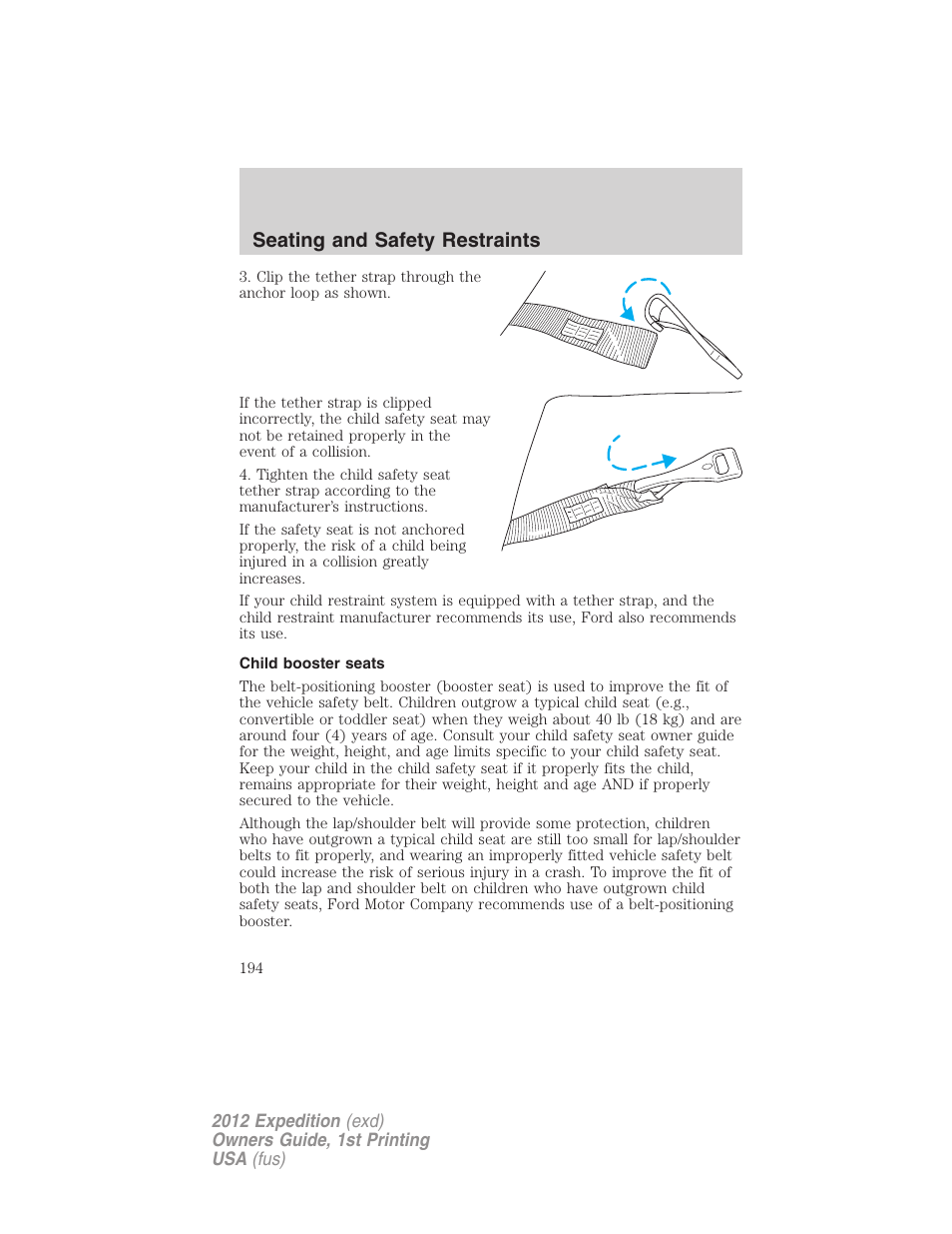 Child booster seats, Seating and safety restraints | FORD 2012 Expedition v.1 User Manual | Page 194 / 400