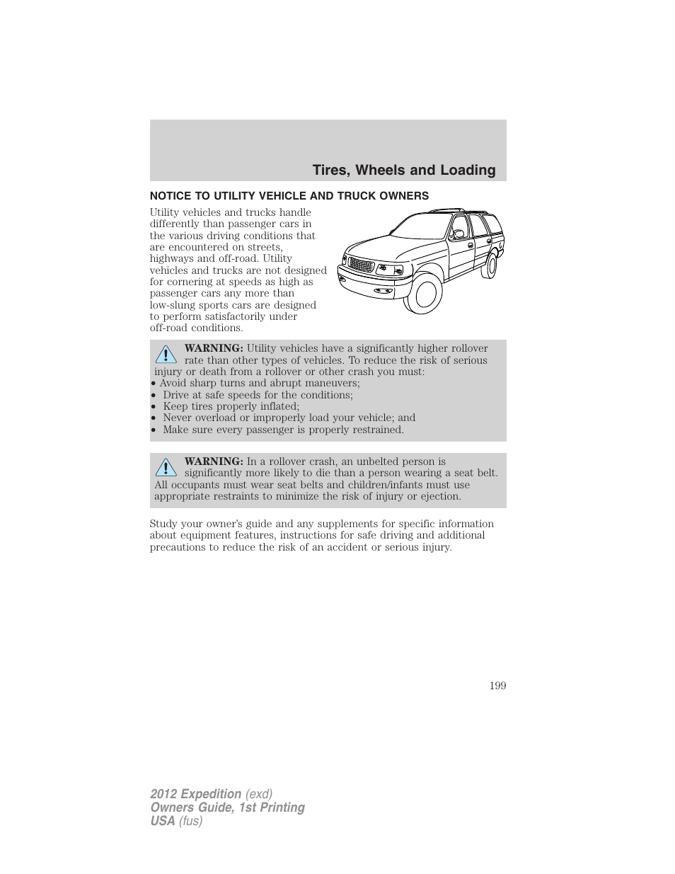 Tires, wheels and loading, Notice to utility vehicle and truck owners | FORD 2012 Expedition v.1 User Manual | Page 199 / 400