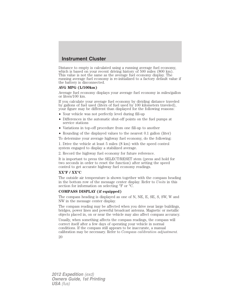 Instrument cluster | FORD 2012 Expedition v.1 User Manual | Page 20 / 400