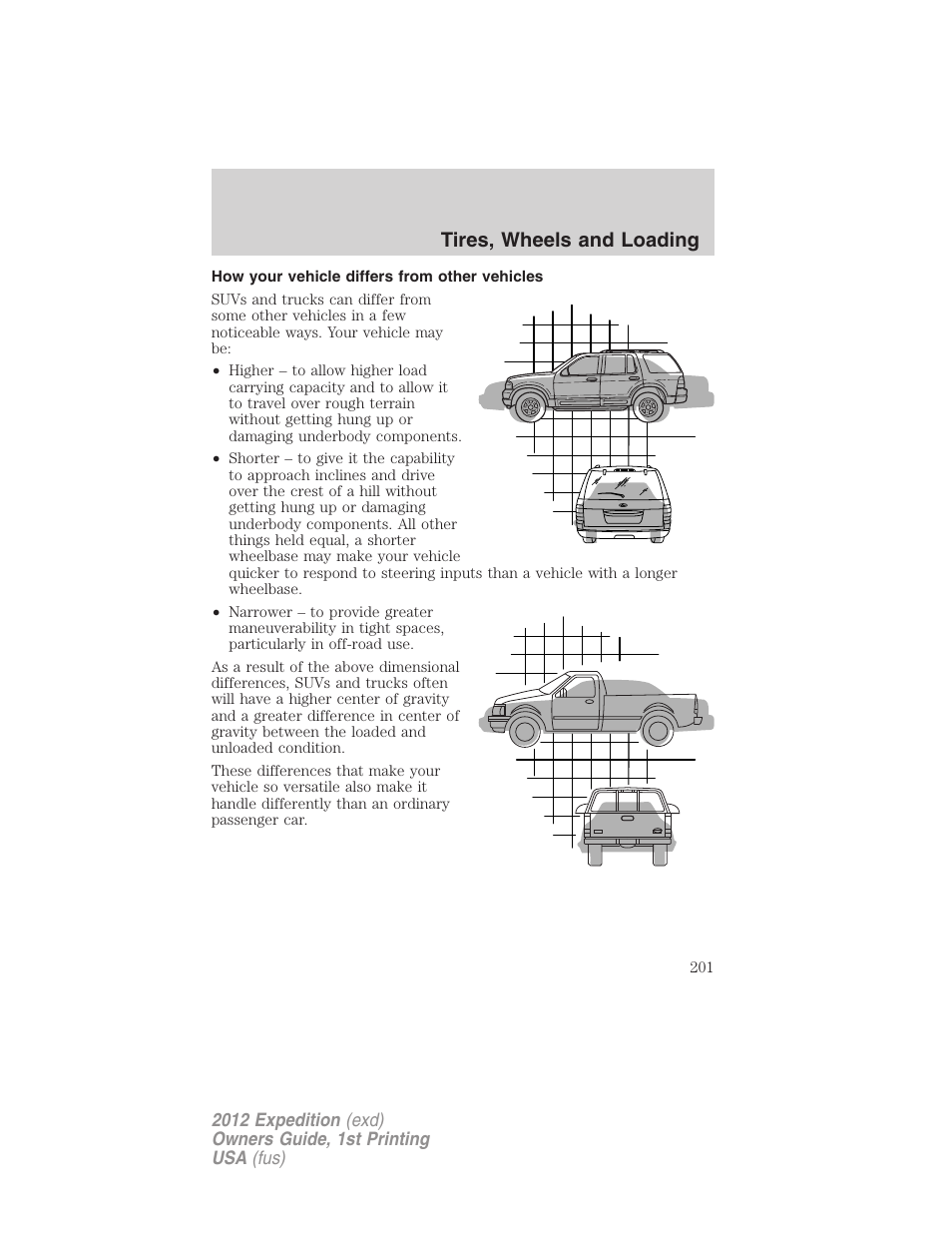 How your vehicle differs from other vehicles, Tires, wheels and loading | FORD 2012 Expedition v.1 User Manual | Page 201 / 400