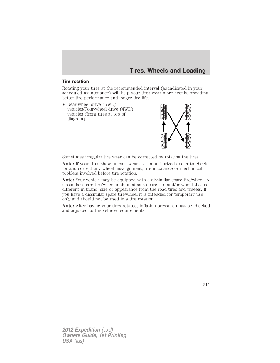 Tire rotation, Tires, wheels and loading | FORD 2012 Expedition v.1 User Manual | Page 211 / 400