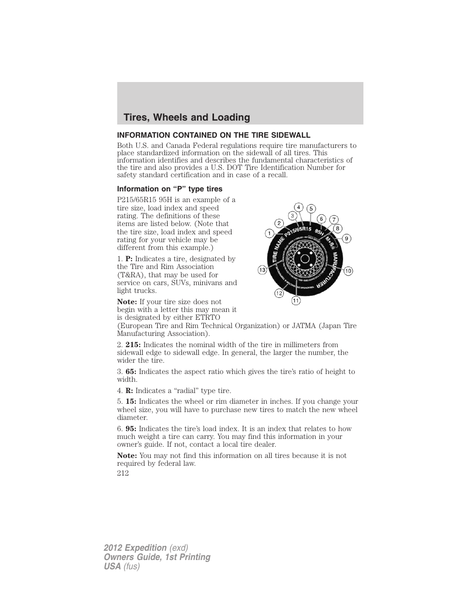 Information contained on the tire sidewall, Information on “p” type tires, Tires, wheels and loading | FORD 2012 Expedition v.1 User Manual | Page 212 / 400