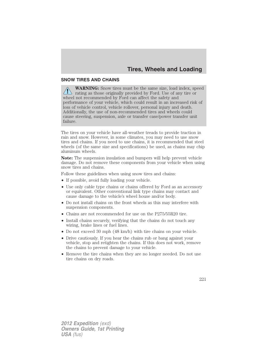 Snow tires and chains, Tires, wheels and loading | FORD 2012 Expedition v.1 User Manual | Page 221 / 400