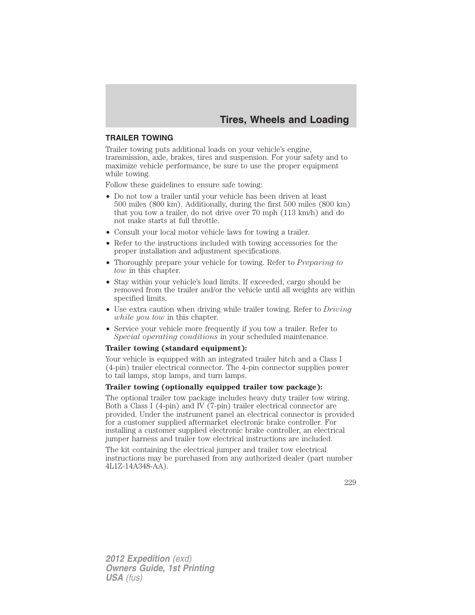 Trailer towing, Tires, wheels and loading | FORD 2012 Expedition v.1 User Manual | Page 229 / 400