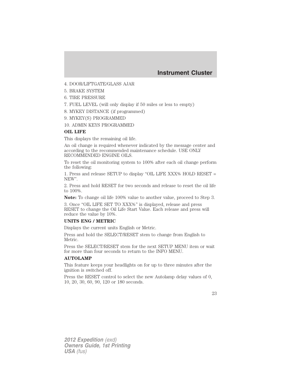 Instrument cluster | FORD 2012 Expedition v.1 User Manual | Page 23 / 400