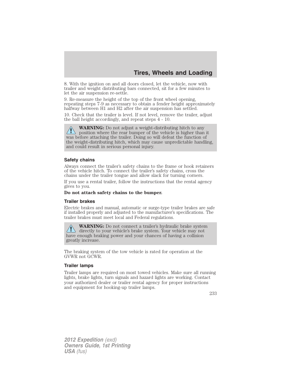 Safety chains, Trailer brakes, Trailer lamps | Tires, wheels and loading | FORD 2012 Expedition v.1 User Manual | Page 233 / 400