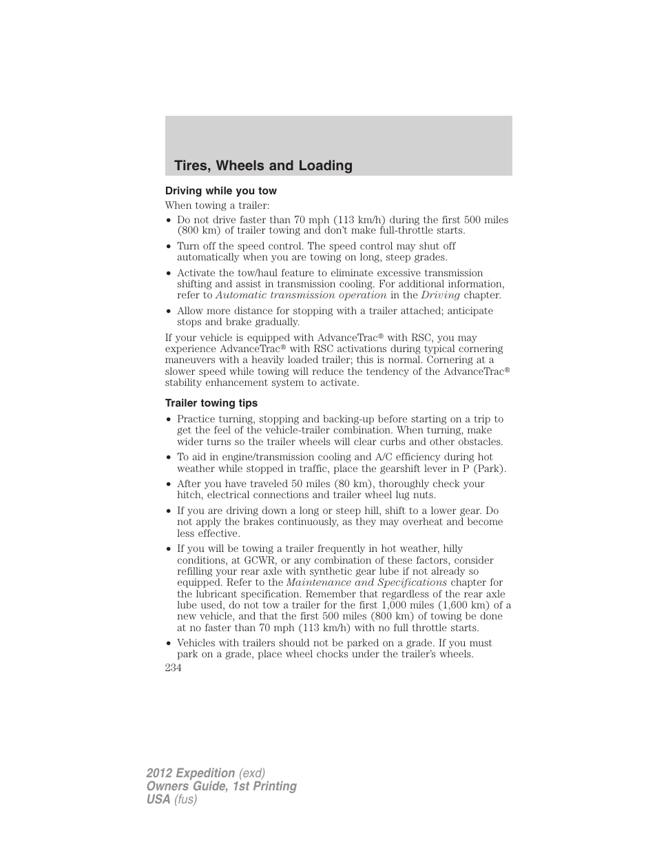 Driving while you tow, Trailer towing tips, Tires, wheels and loading | FORD 2012 Expedition v.1 User Manual | Page 234 / 400