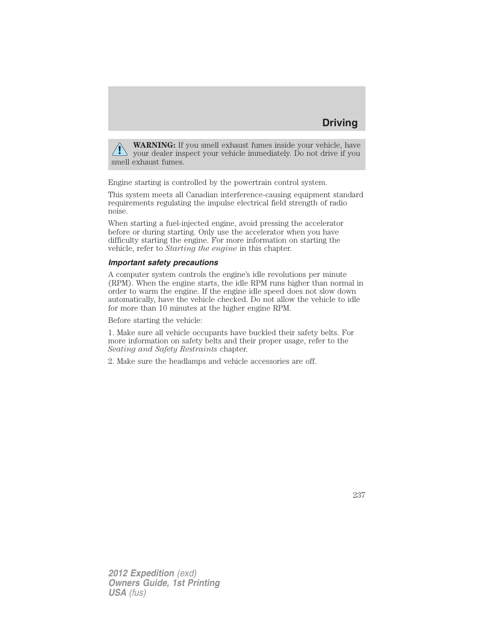 Important safety precautions, Driving | FORD 2012 Expedition v.1 User Manual | Page 237 / 400