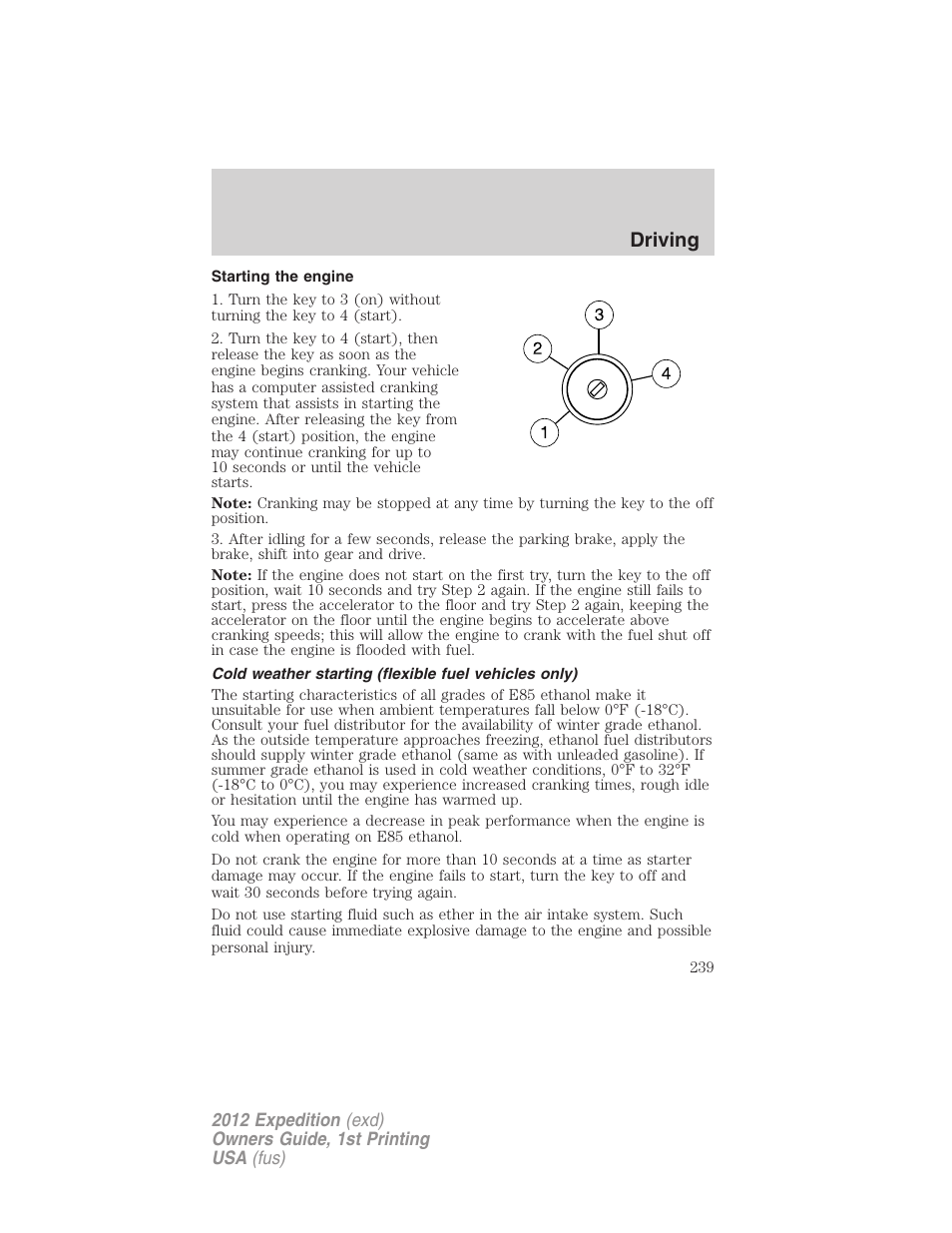 Starting the engine, Driving | FORD 2012 Expedition v.1 User Manual | Page 239 / 400