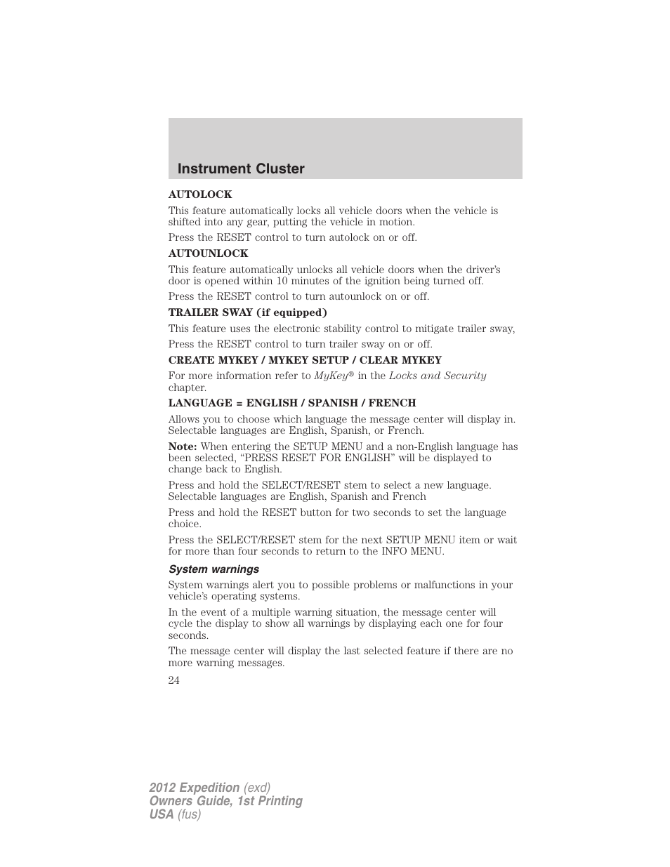 System warnings, Instrument cluster | FORD 2012 Expedition v.1 User Manual | Page 24 / 400