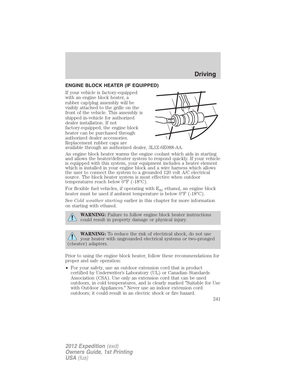 Engine block heater (if equipped), Driving | FORD 2012 Expedition v.1 User Manual | Page 241 / 400