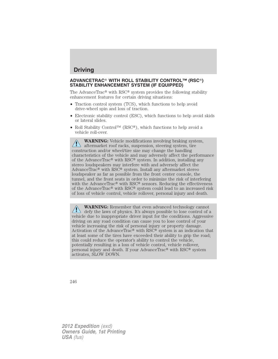 Advancetrac, Driving | FORD 2012 Expedition v.1 User Manual | Page 246 / 400