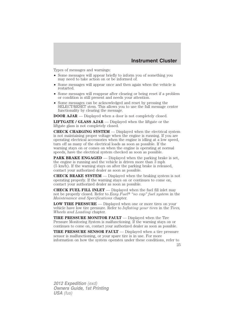 Instrument cluster | FORD 2012 Expedition v.1 User Manual | Page 25 / 400