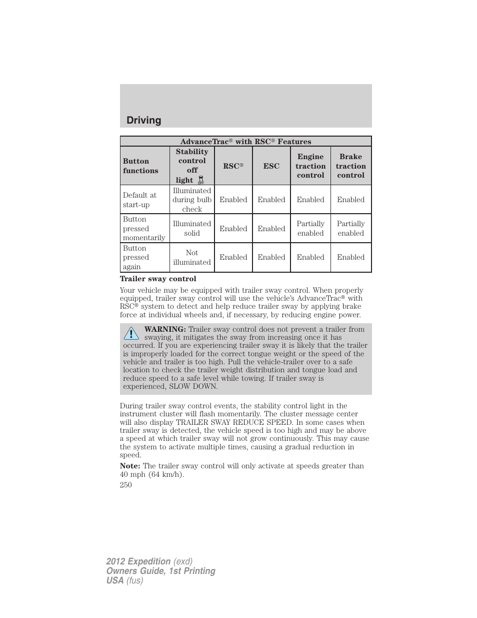 Driving | FORD 2012 Expedition v.1 User Manual | Page 250 / 400
