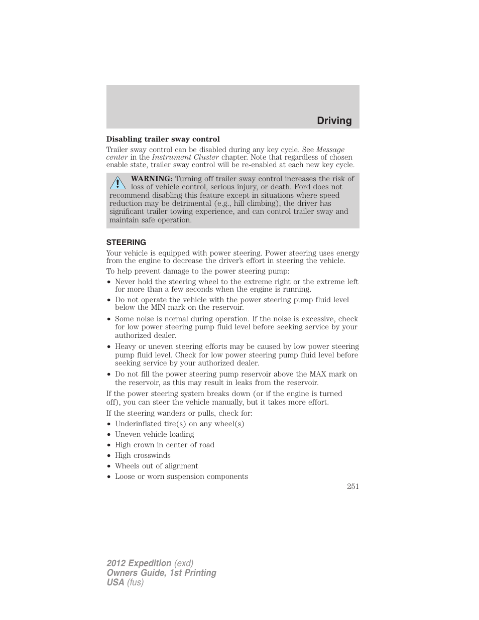 Steering, Driving | FORD 2012 Expedition v.1 User Manual | Page 251 / 400