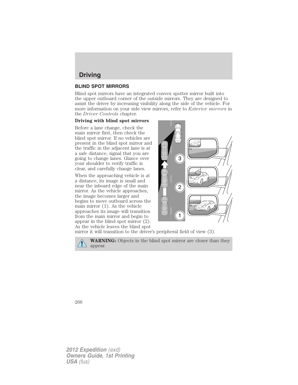 Blind spot mirrors, Driving | FORD 2012 Expedition v.1 User Manual | Page 266 / 400