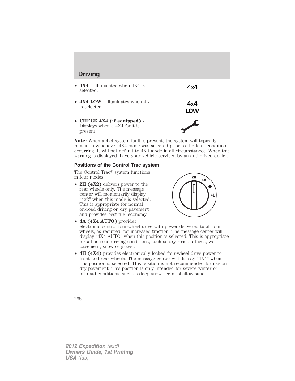 Positions of the control trac system, Driving | FORD 2012 Expedition v.1 User Manual | Page 268 / 400