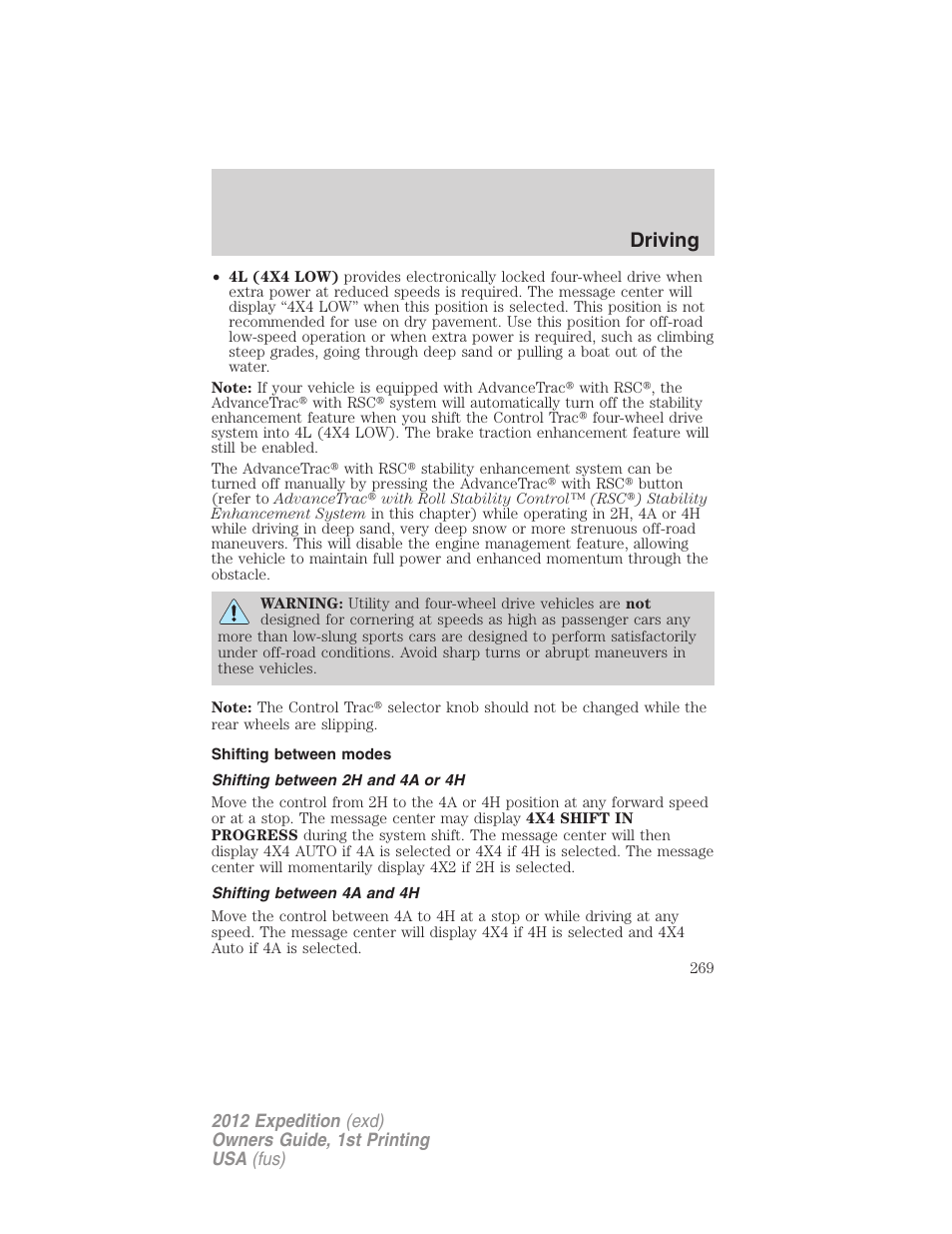 Shifting between modes, Shifting between 2h and 4a or 4h, Shifting between 4a and 4h | Driving | FORD 2012 Expedition v.1 User Manual | Page 269 / 400