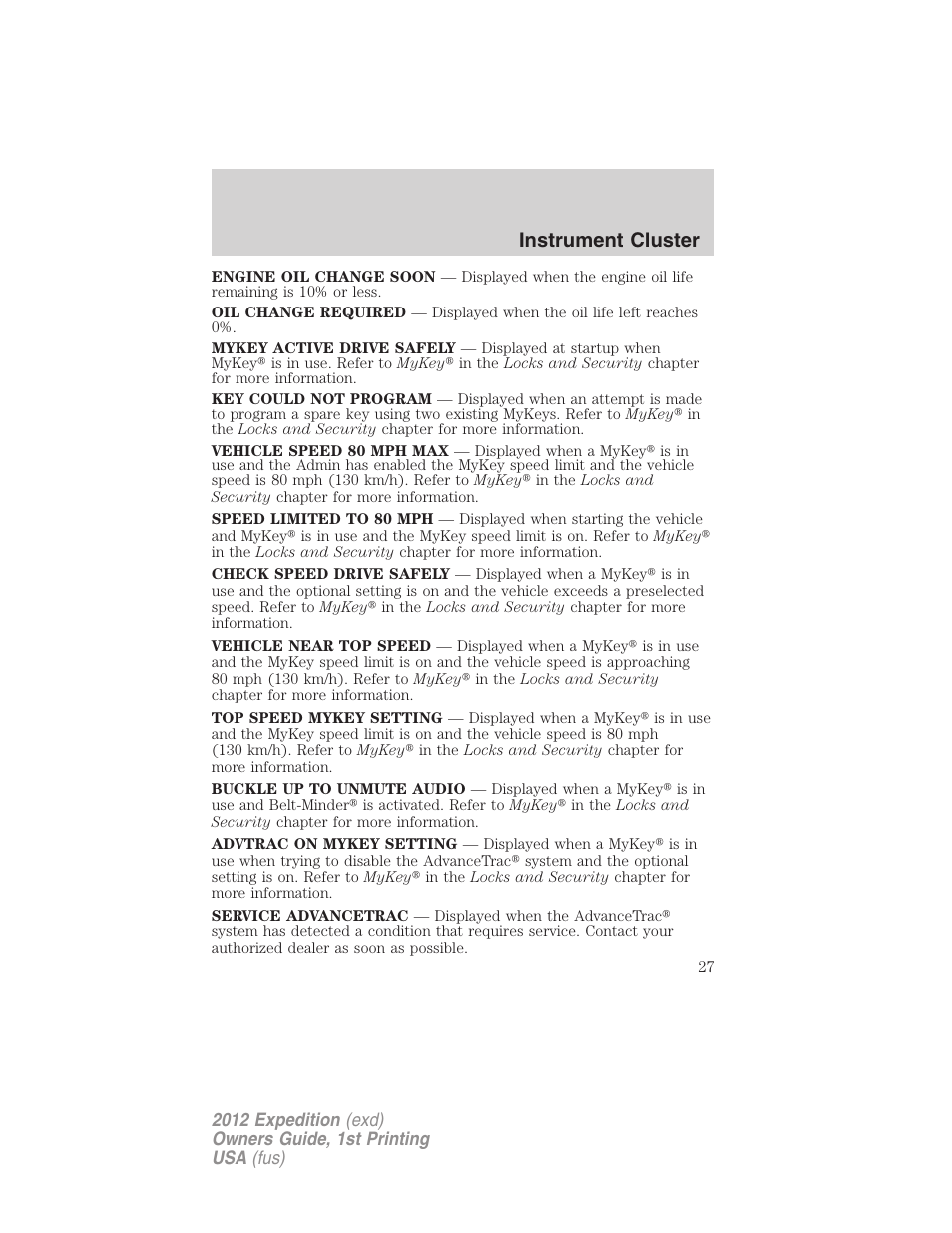 Instrument cluster | FORD 2012 Expedition v.1 User Manual | Page 27 / 400