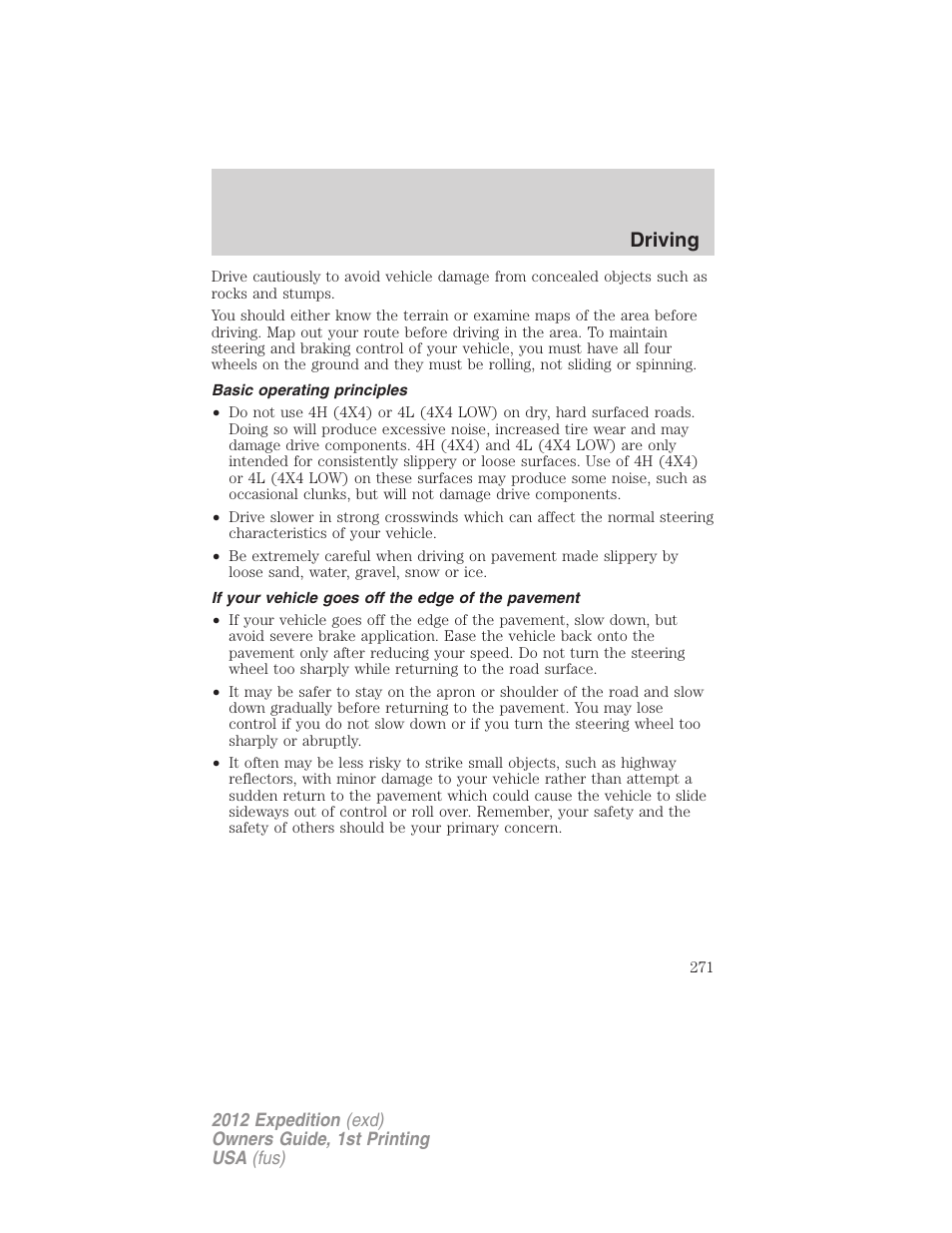 Basic operating principles, If your vehicle goes off the edge of the pavement, Driving | FORD 2012 Expedition v.1 User Manual | Page 271 / 400