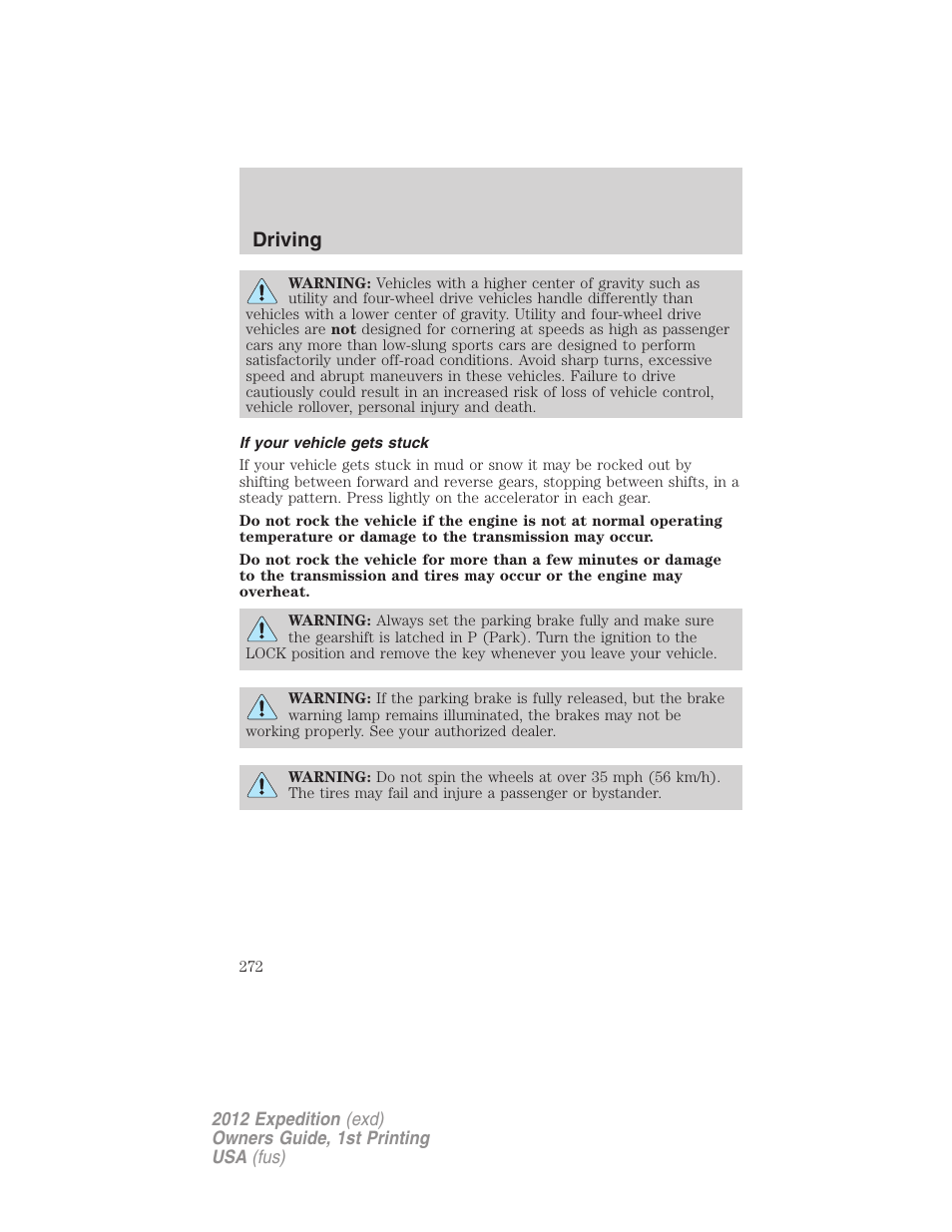 If your vehicle gets stuck, Driving | FORD 2012 Expedition v.1 User Manual | Page 272 / 400
