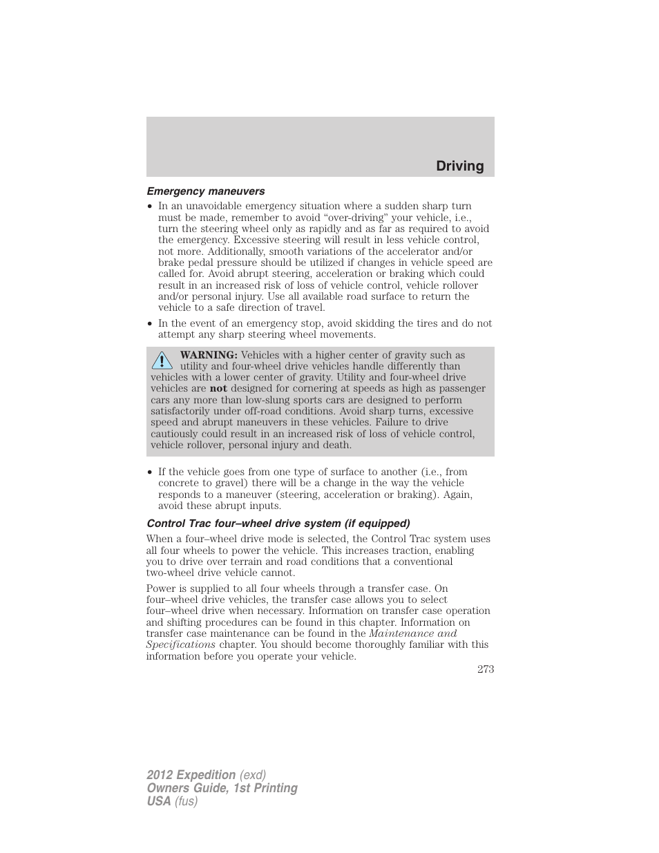 Emergency maneuvers, Control trac four–wheel drive system (if equipped), Driving | FORD 2012 Expedition v.1 User Manual | Page 273 / 400