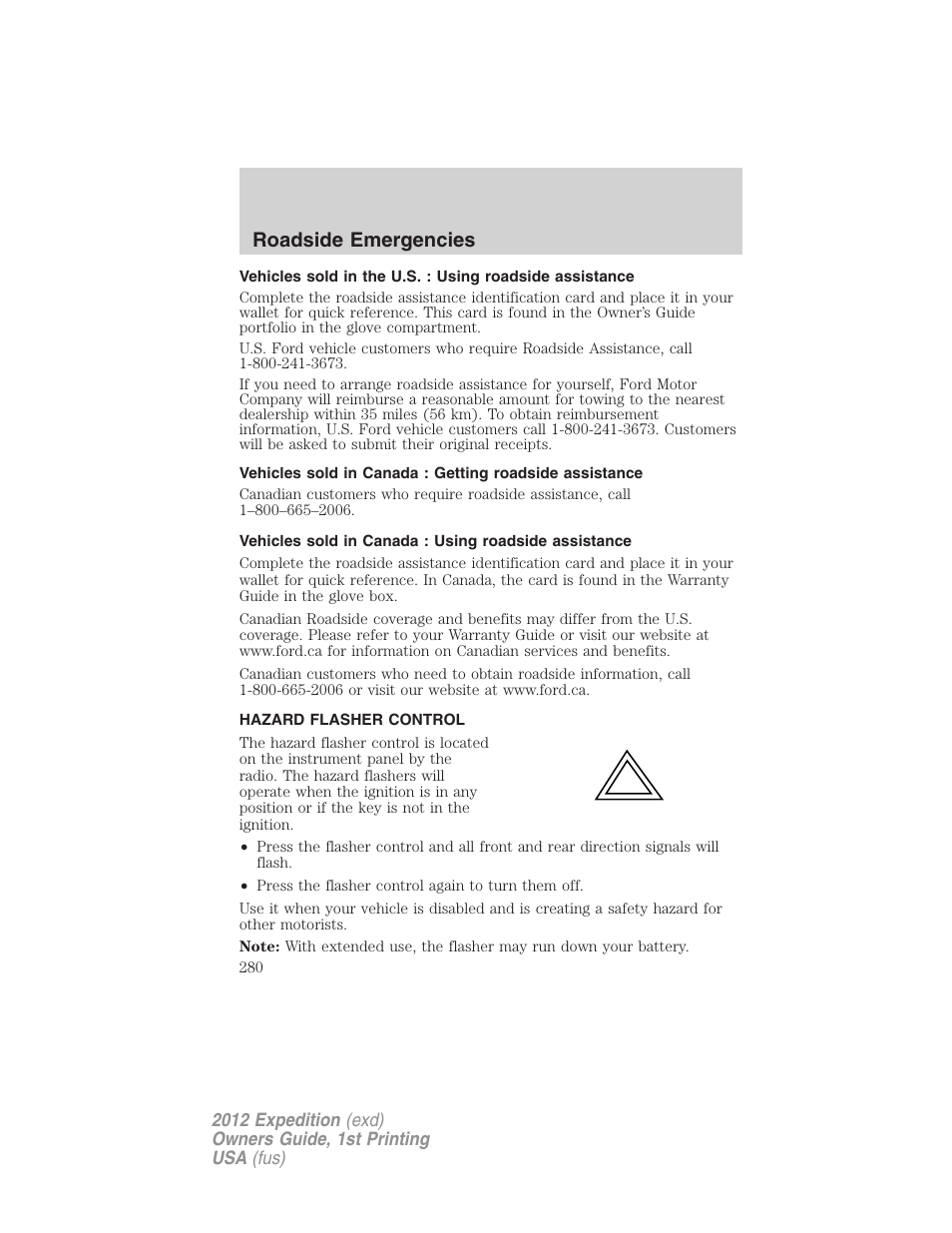 Hazard flasher control, Roadside emergencies | FORD 2012 Expedition v.1 User Manual | Page 280 / 400