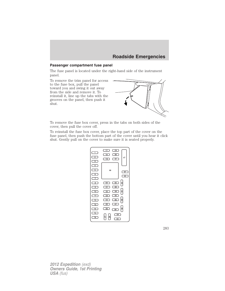 Passenger compartment fuse panel, Roadside emergencies | FORD 2012 Expedition v.1 User Manual | Page 283 / 400