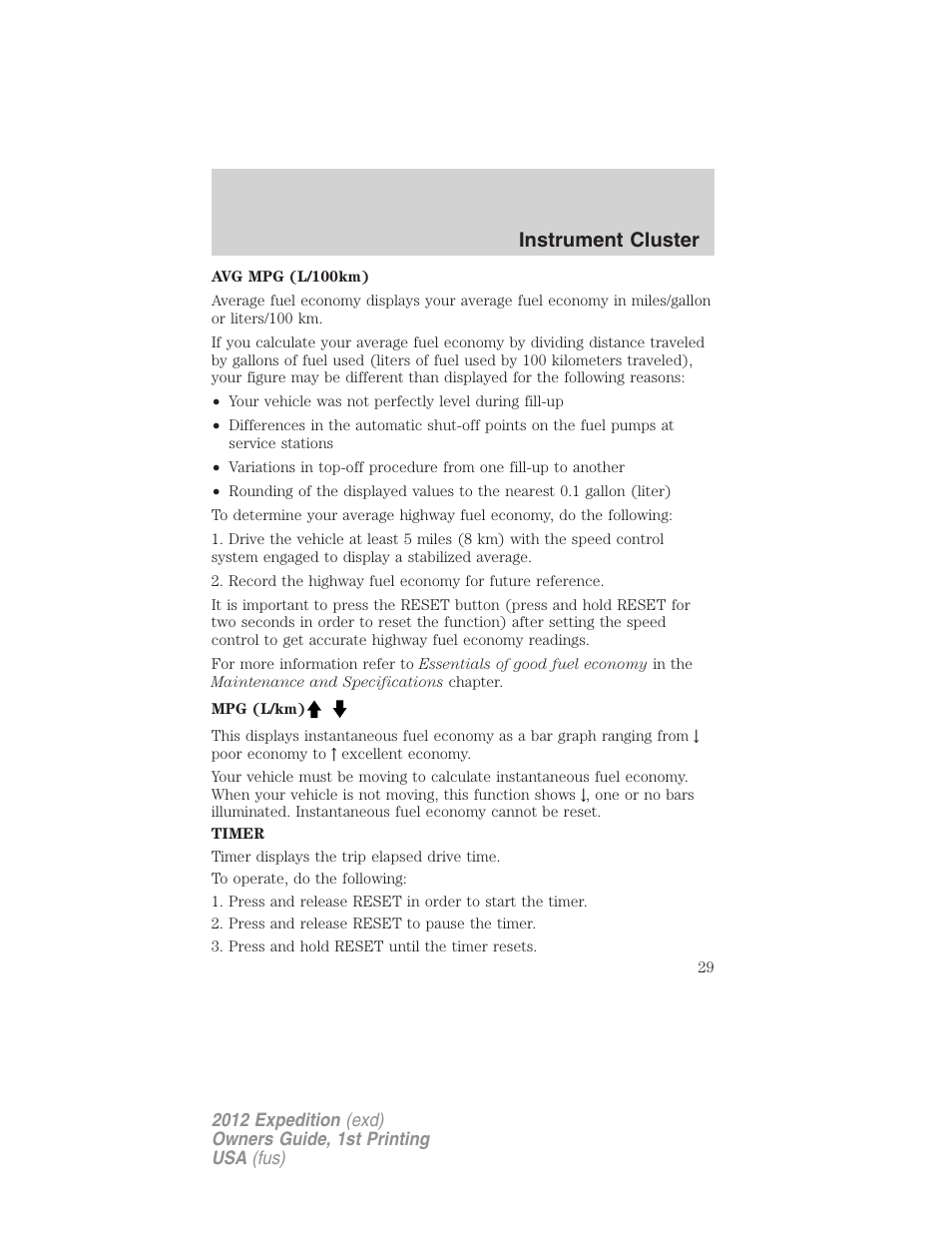 Instrument cluster | FORD 2012 Expedition v.1 User Manual | Page 29 / 400