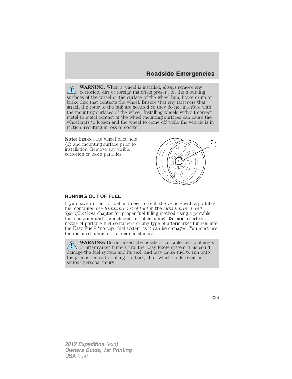 Running out of fuel, Roadside emergencies | FORD 2012 Expedition v.1 User Manual | Page 299 / 400