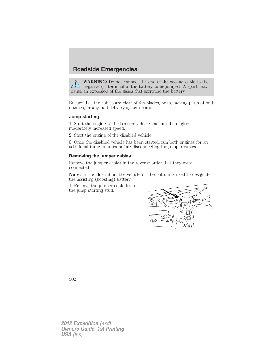 Jump starting, Removing the jumper cables, Roadside emergencies | FORD 2012 Expedition v.1 User Manual | Page 302 / 400