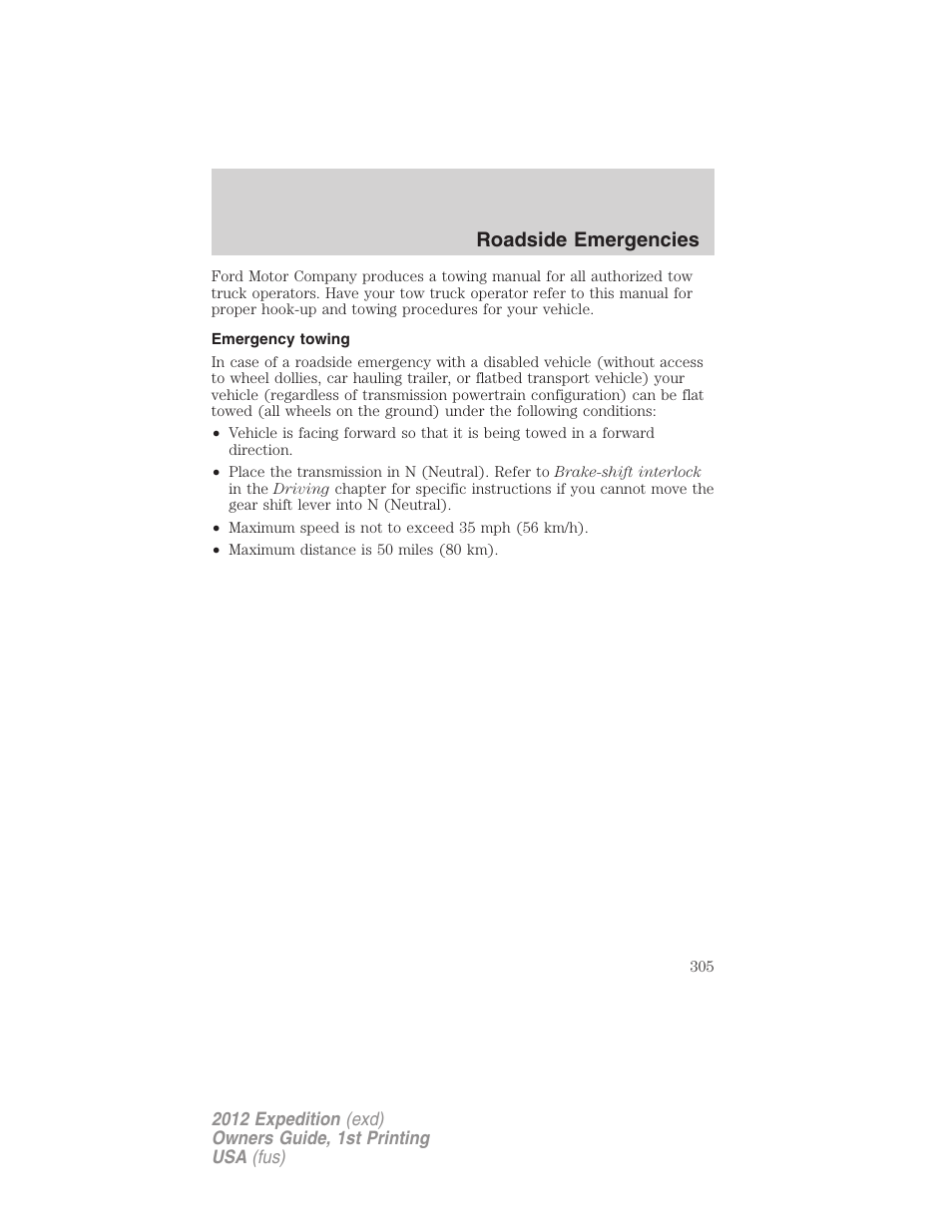 Emergency towing, Roadside emergencies | FORD 2012 Expedition v.1 User Manual | Page 305 / 400