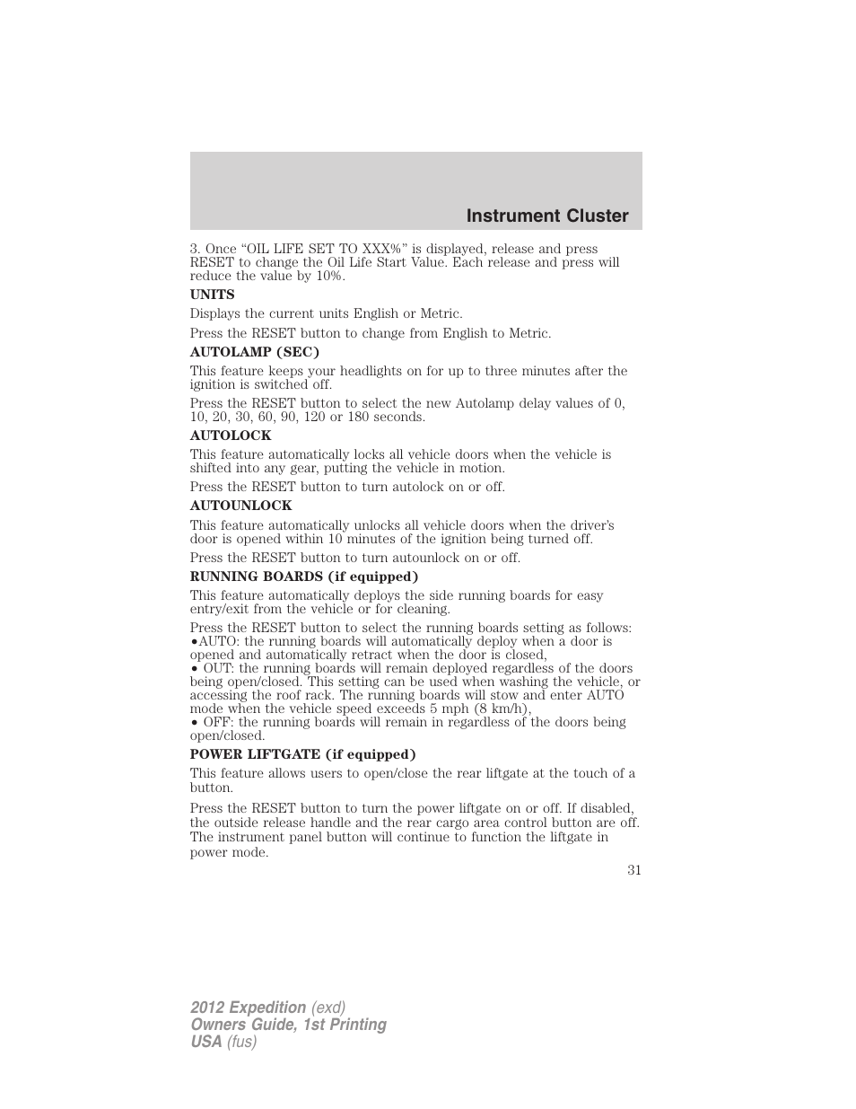 Instrument cluster | FORD 2012 Expedition v.1 User Manual | Page 31 / 400