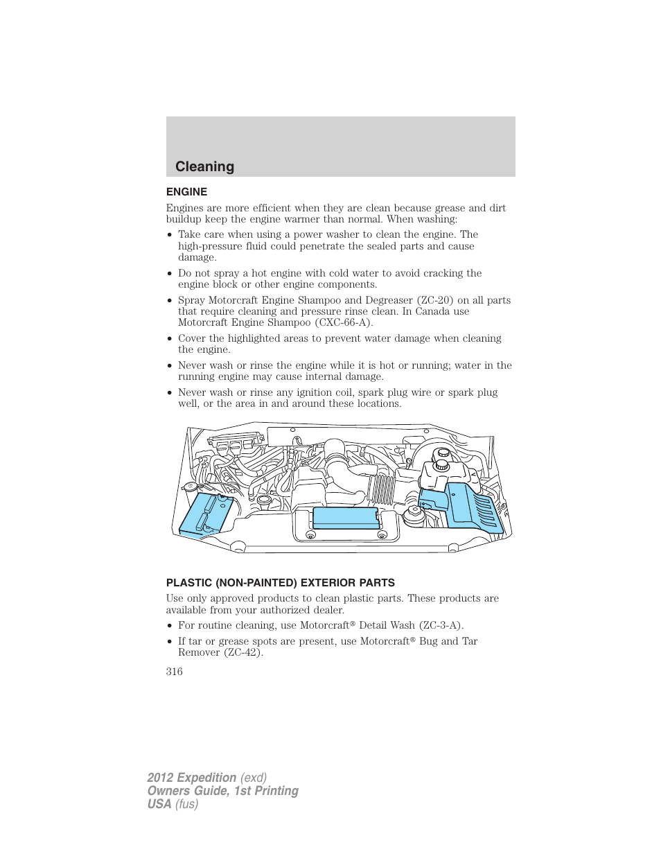 Engine, Plastic (non-painted) exterior parts, Cleaning | FORD 2012 Expedition v.1 User Manual | Page 316 / 400