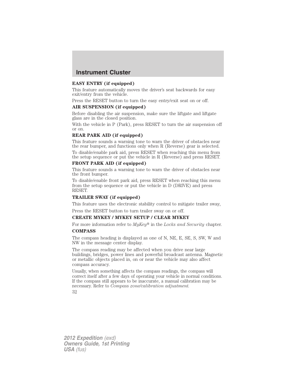 Instrument cluster | FORD 2012 Expedition v.1 User Manual | Page 32 / 400