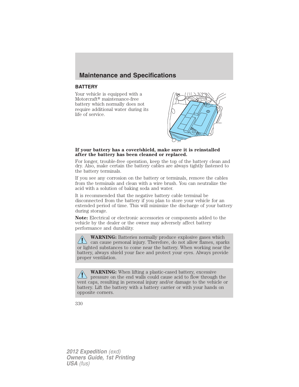 Battery, Maintenance and specifications | FORD 2012 Expedition v.1 User Manual | Page 330 / 400