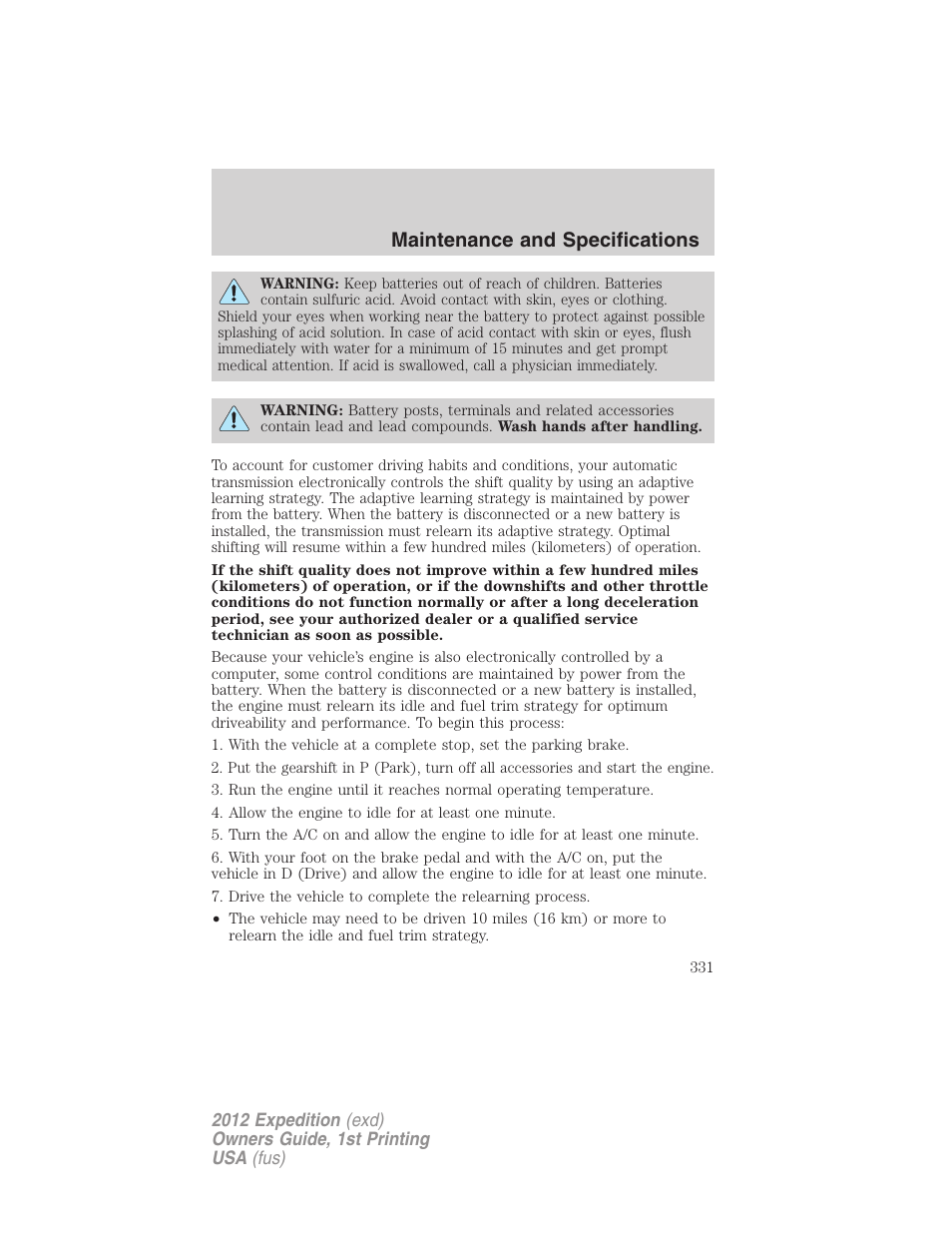 Maintenance and specifications | FORD 2012 Expedition v.1 User Manual | Page 331 / 400