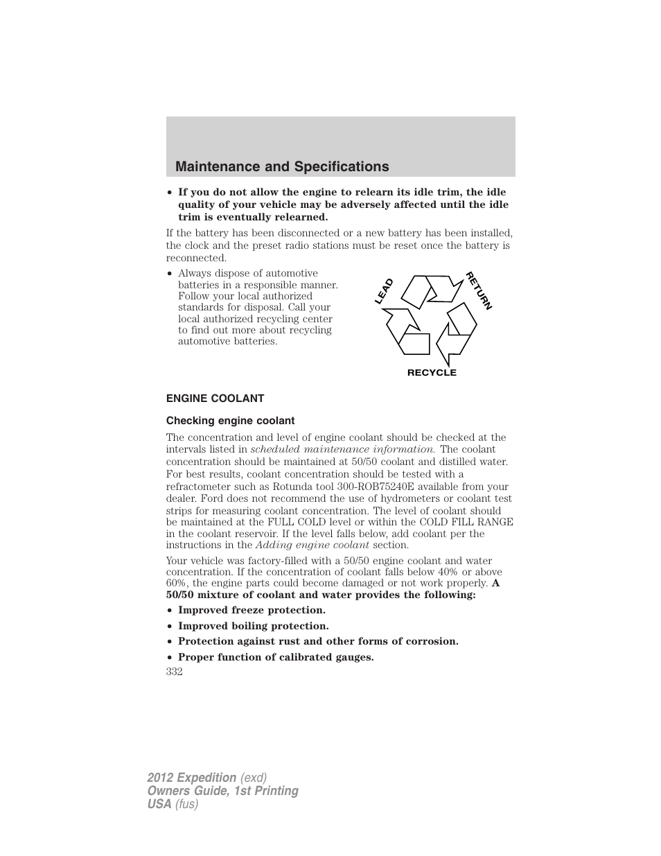 Engine coolant, Checking engine coolant, Maintenance and specifications | FORD 2012 Expedition v.1 User Manual | Page 332 / 400
