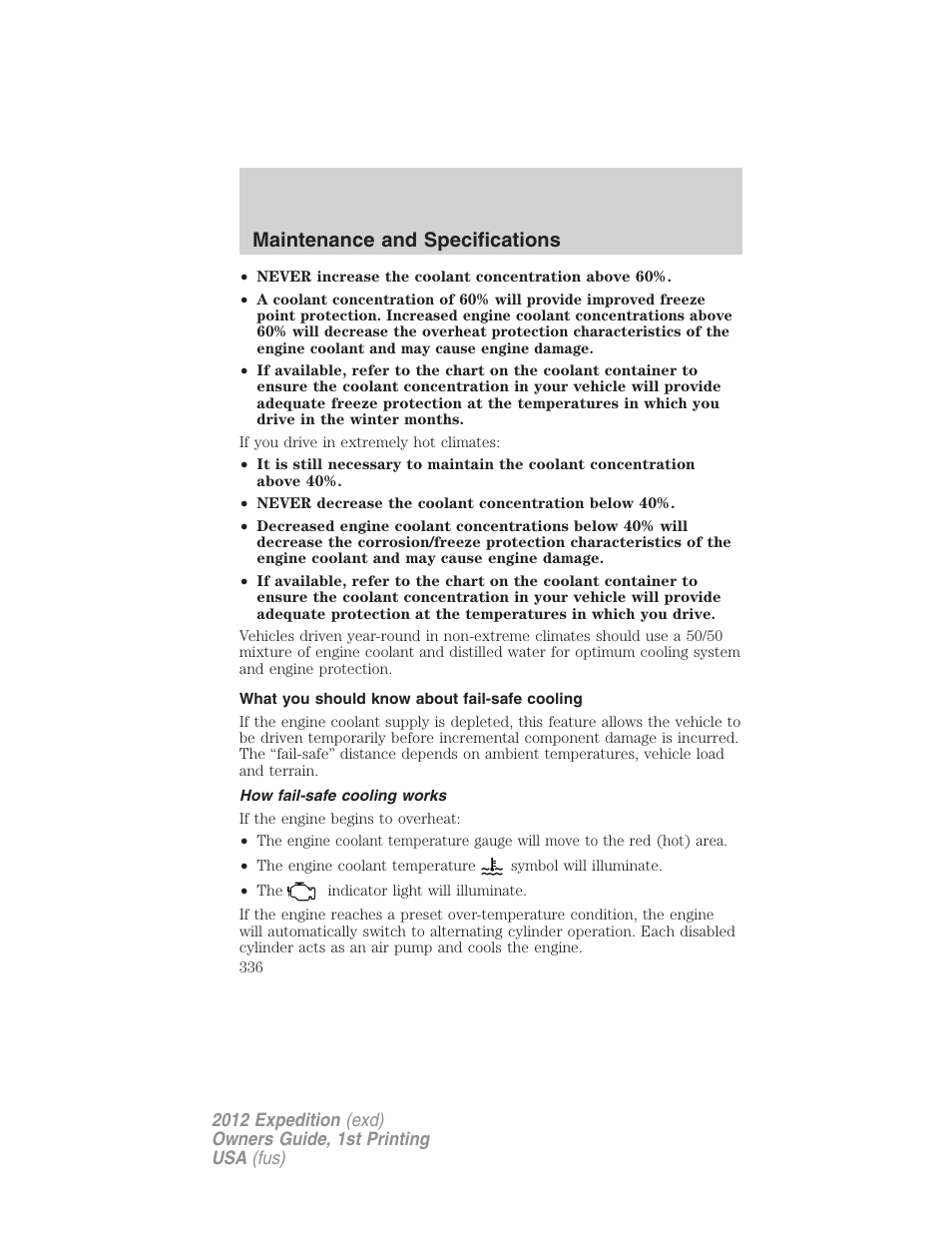 What you should know about fail-safe cooling, How fail-safe cooling works, Maintenance and specifications | FORD 2012 Expedition v.1 User Manual | Page 336 / 400