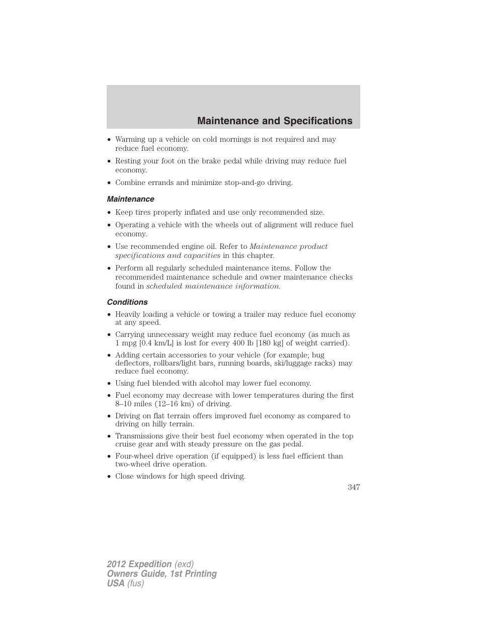 Maintenance, Conditions, Maintenance and specifications | FORD 2012 Expedition v.1 User Manual | Page 347 / 400