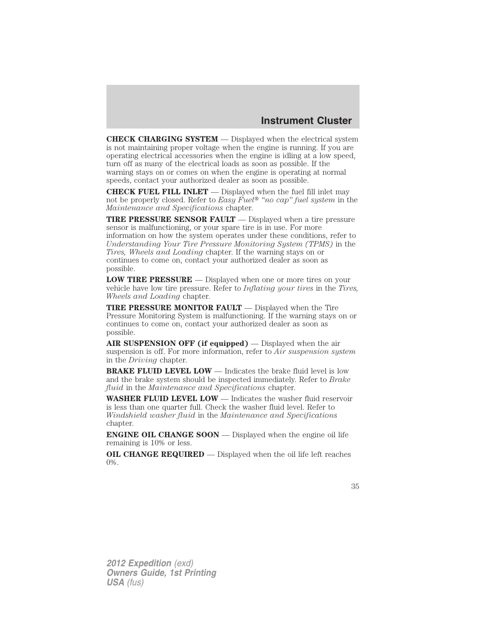 Instrument cluster | FORD 2012 Expedition v.1 User Manual | Page 35 / 400