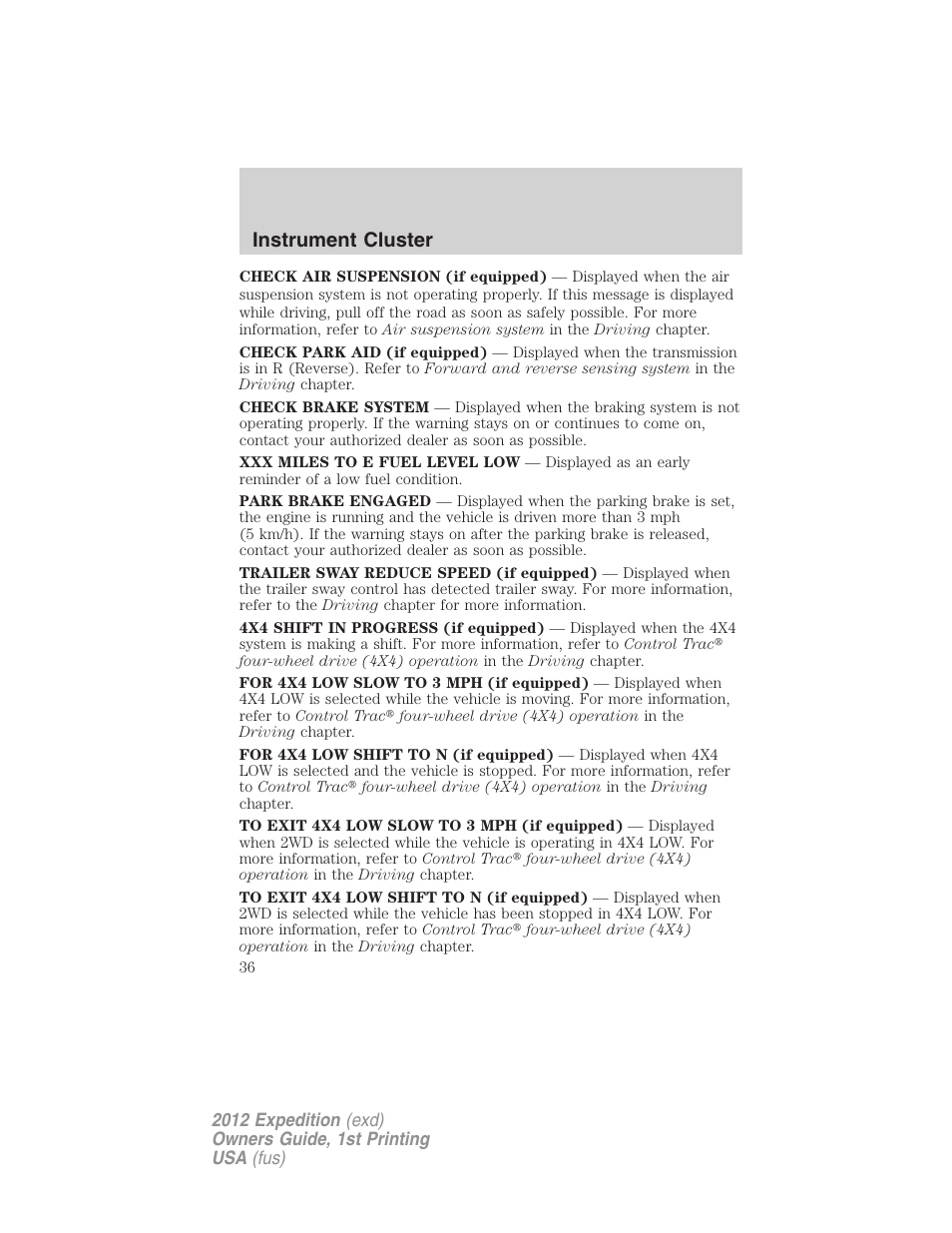 Instrument cluster | FORD 2012 Expedition v.1 User Manual | Page 36 / 400