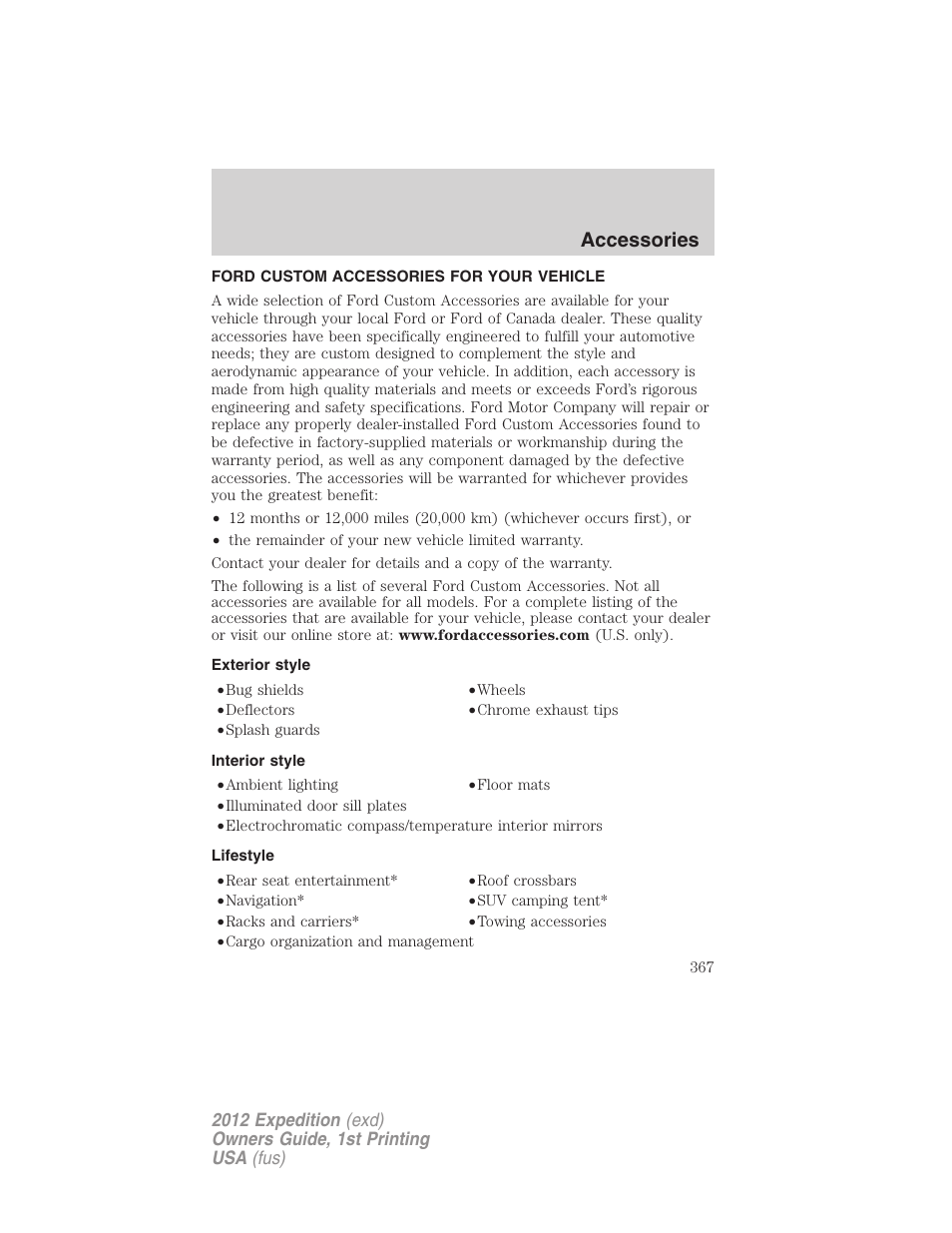 Accessories, Ford custom accessories for your vehicle, Exterior style | Interior style, Lifestyle | FORD 2012 Expedition v.1 User Manual | Page 367 / 400