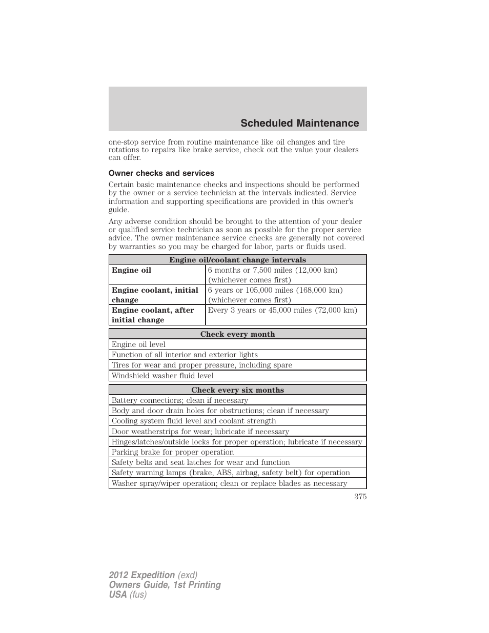 Owner checks and services, Scheduled maintenance | FORD 2012 Expedition v.1 User Manual | Page 375 / 400