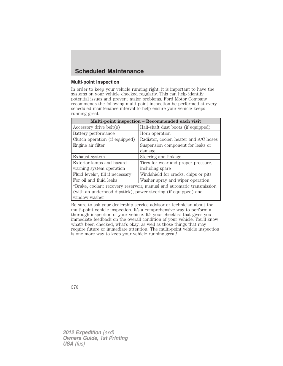 Multi-point inspection, Scheduled maintenance | FORD 2012 Expedition v.1 User Manual | Page 376 / 400