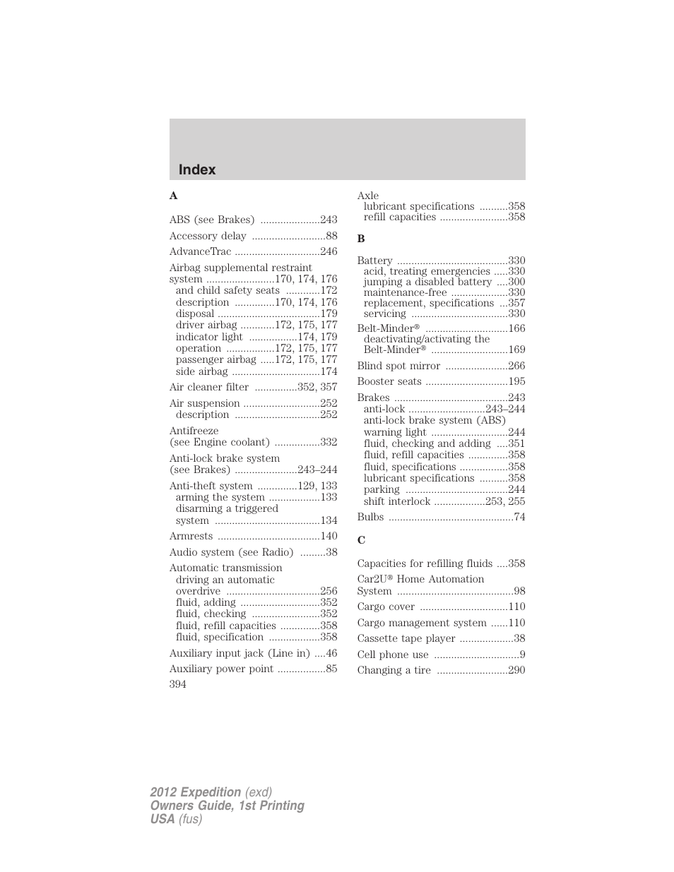 Index | FORD 2012 Expedition v.1 User Manual | Page 394 / 400